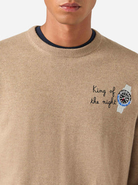 Maglia girocollo Heron Light beige in misto lana e cashmere con ricamo King Of The Night