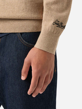 Maglia girocollo Heron Light beige in misto lana e cashmere con ricamo King Of The Night
