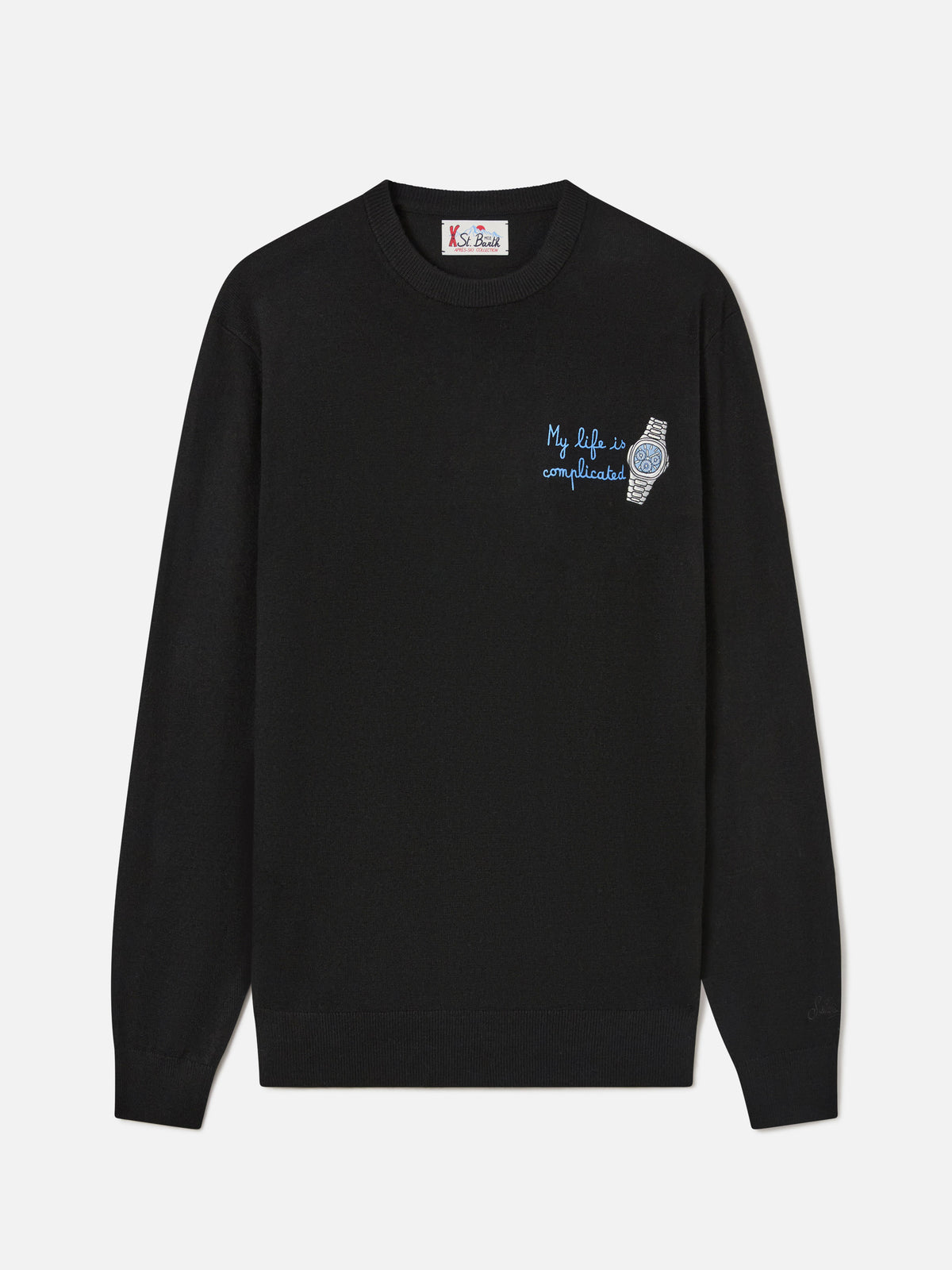 Black Heron Light wool and cashmere blend crewneck with My Life Is Complicated embroidery