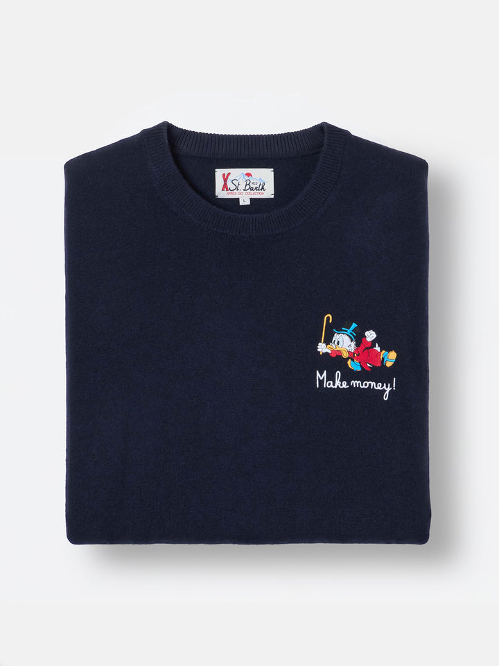 Azul marino blue Heron jersey de cuello redondo en mezcla ligera de lana y cachemira con bordado de Scrooge McDuck | Special edition 