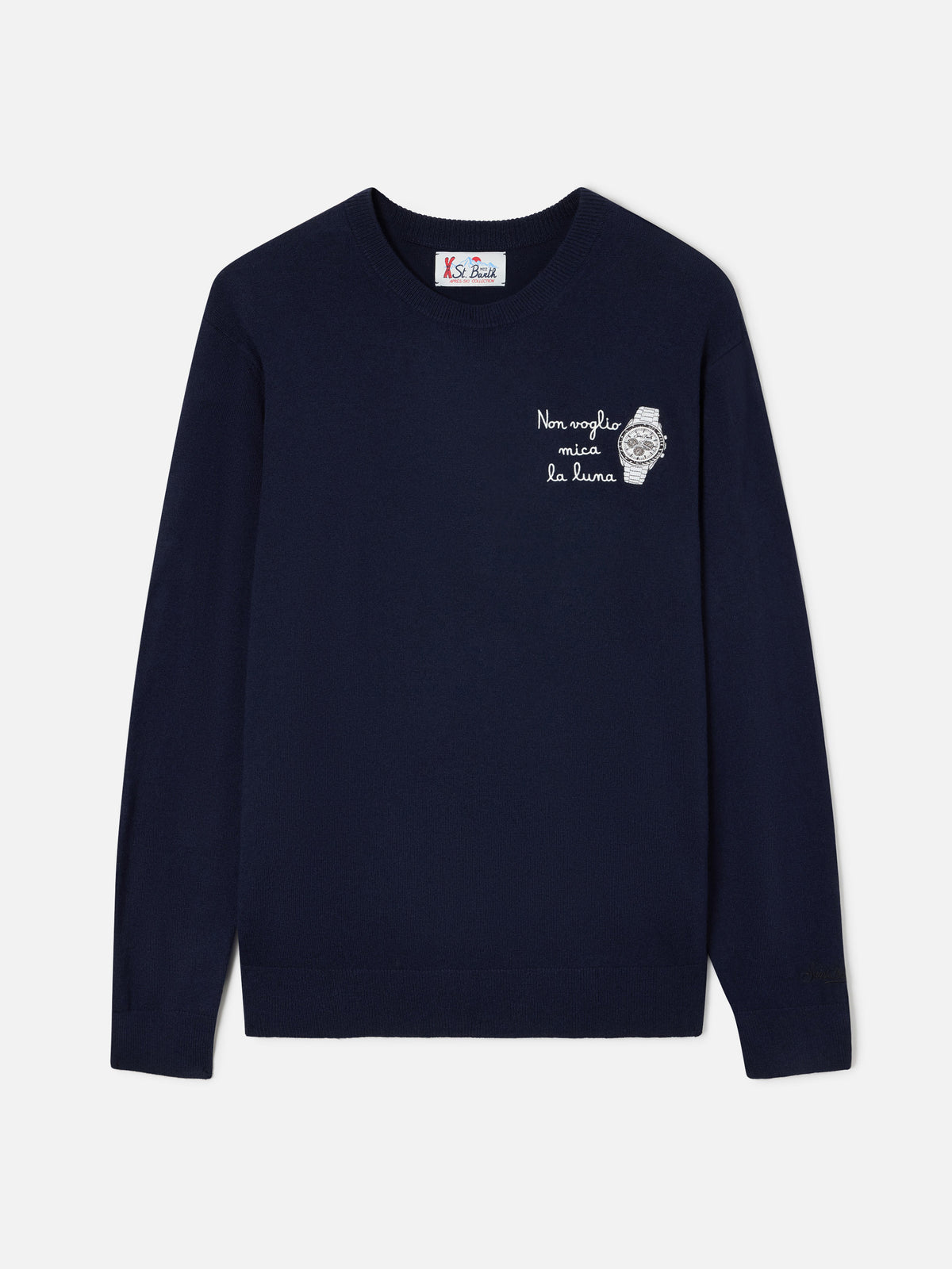 Maglia girocollo Heron Light blu navy in misto lana e cashmere con ricamo Non Voglio Mica La Luna