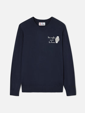Navy blue Heron Light wool and cashmere blend crewneck with Non Voglio Mica La Luna embroidery