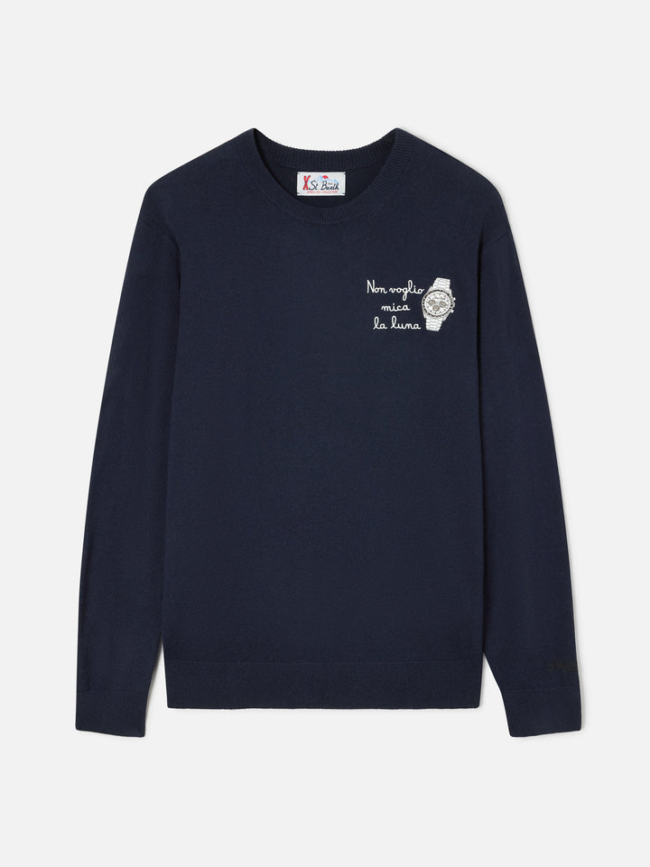 Jersey de cuello redondo Navy blue Heron en mezcla ligera de lana y cachemir con bordado Non Voglio Mica La Luna 