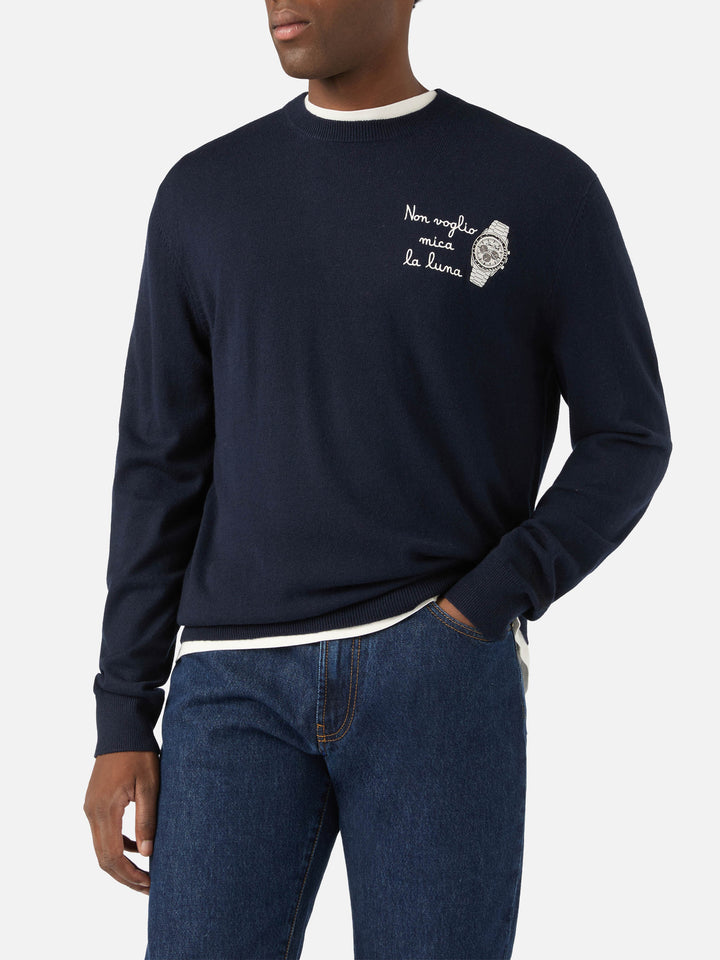 Jersey de cuello redondo Navy blue Heron en mezcla ligera de lana y cachemir con bordado Non Voglio Mica La Luna 