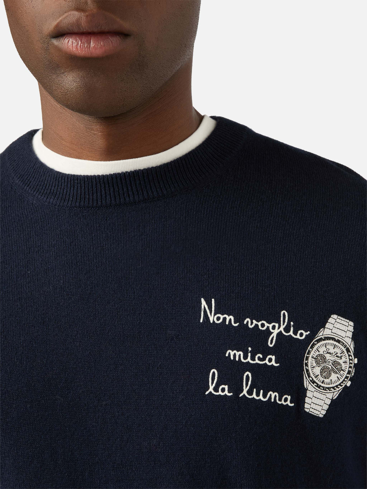 Navy blue Heron Light wool and cashmere blend crewneck with Non Voglio Mica La Luna embroidery