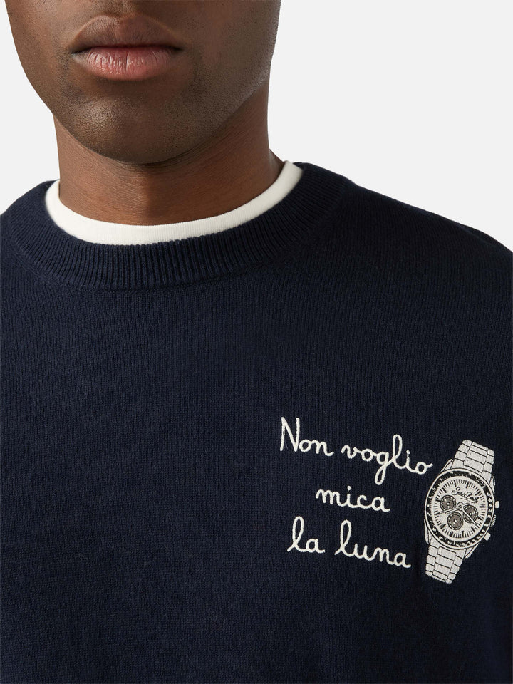 Navy blue Heron Rundhalspullover aus leichter Woll- und Kaschmirmischung mit Non Voglio Mica La Luna-Stickerei 