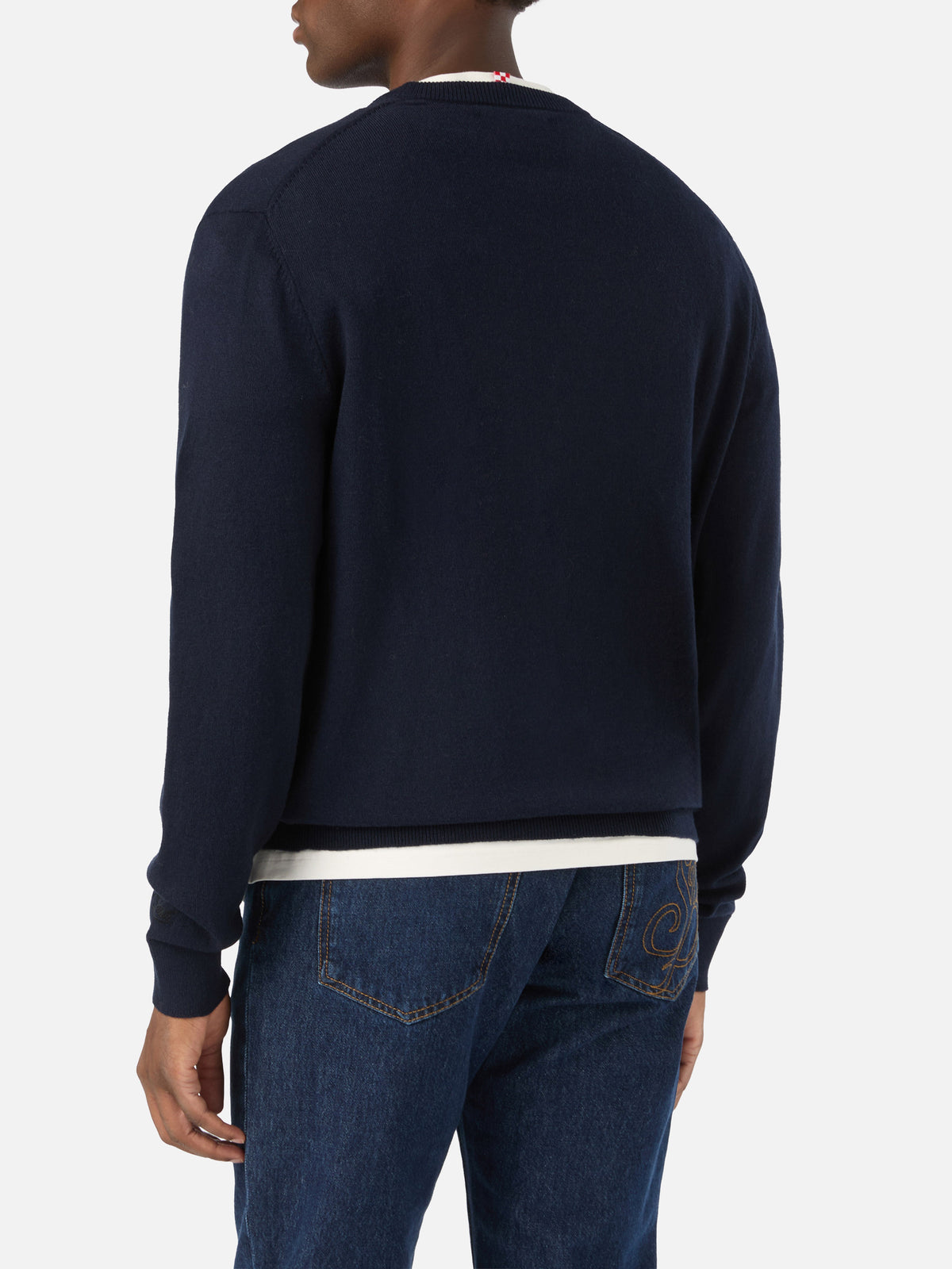 Navy blue Heron Light wool and cashmere blend crewneck with Non Voglio Mica La Luna embroidery