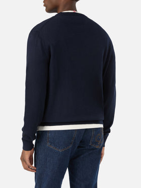 Navy blue Heron Light wool and cashmere blend crewneck with Non Voglio Mica La Luna embroidery