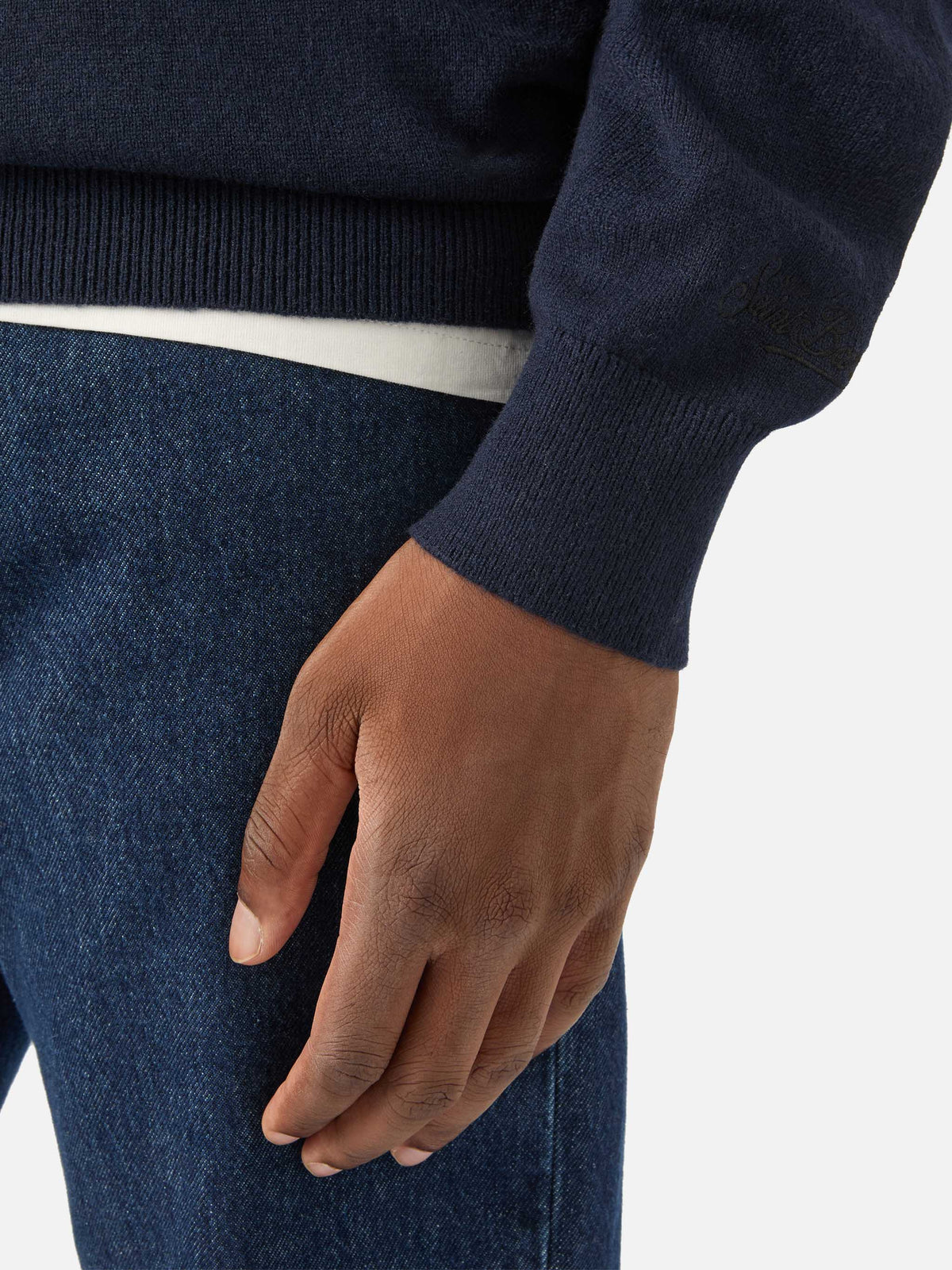 Navy blue Heron Light wool and cashmere blend crewneck with Non Voglio Mica La Luna embroidery