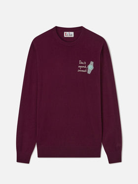 Maglia girocollo Heron Light bordeaux in misto lana e cashmere con ricamo Don't Spend, Invest
