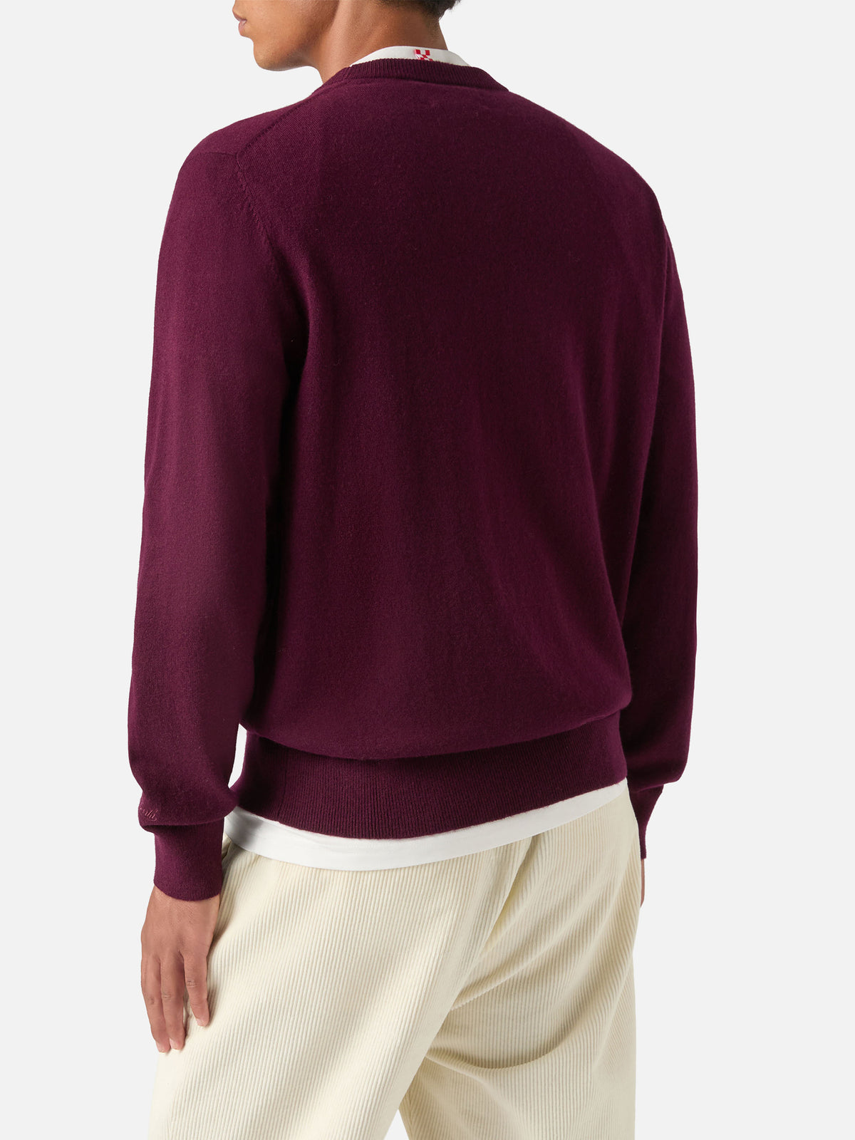 Pull col rond Burgundy Heron en laine légère mélangée et cachemire avec broderie Don't Spend, Invest 