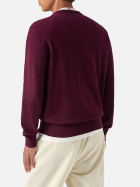 Pull col rond Burgundy Heron en laine légère mélangée et cachemire avec broderie Don't Spend, Invest 
