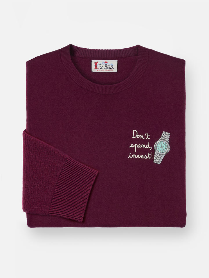 Girocollo in misto lana e cashmere Heron Light bordeaux con ricamo Don't Spend, Invest