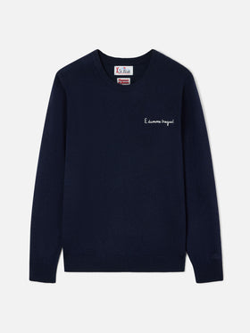 Maglia girocollo Heron Light blu navy in misto lana e cashmere con ricamo E Damme Tregua | Special edition