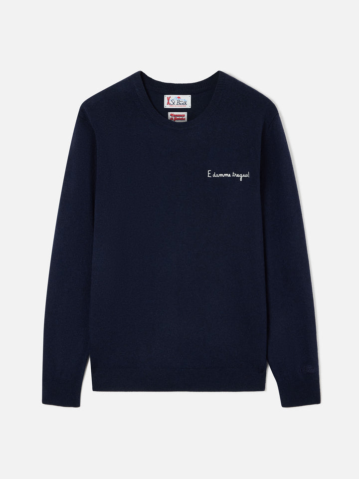 Maglia girocollo Heron Light blu navy in misto lana e cashmere con ricamo E Damme Tregua | Special edition