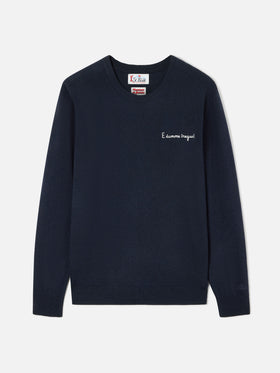 Navy blue Heron Light wool and cashmere blend crewneck with E Damme Tregua embroidery | Special edition