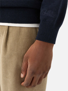 Navy blue Heron Light wool and cashmere blend crewneck with E Damme Tregua embroidery | Special edition