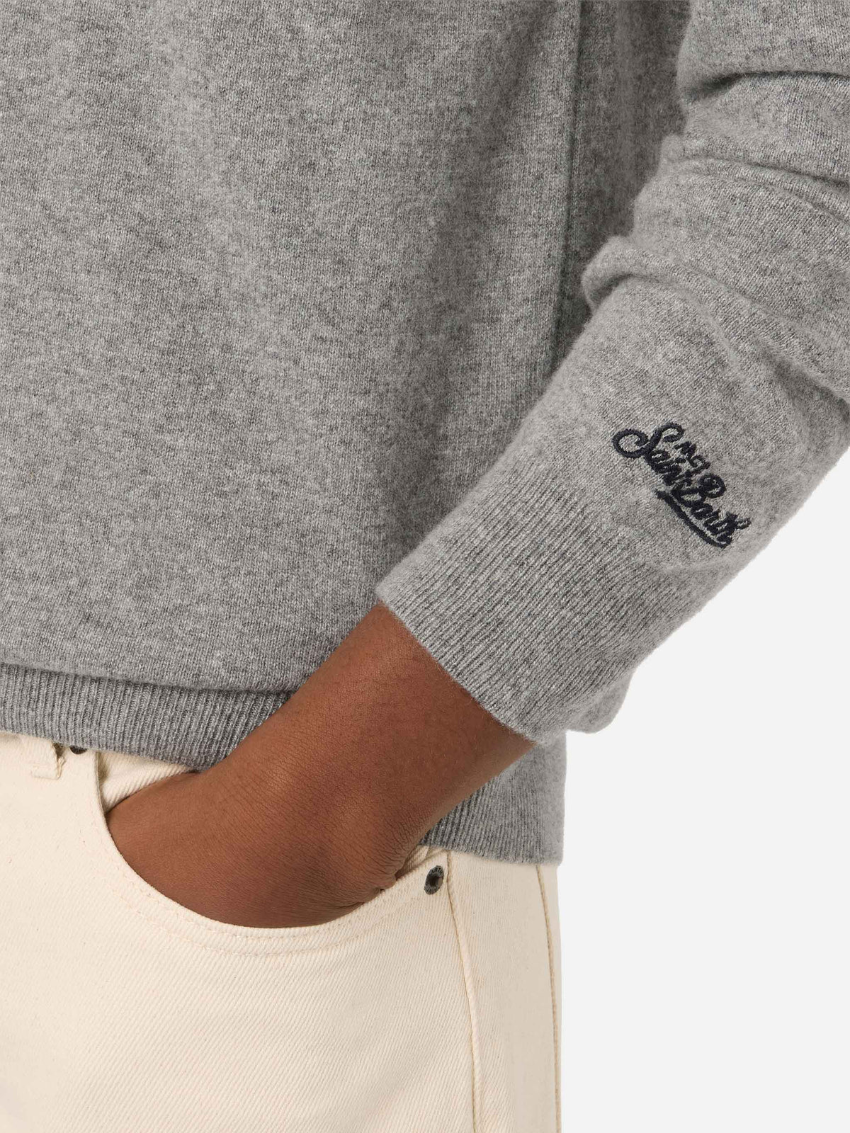 Grey Heron jersey de cuello redondo en mezcla de lana ligera y cachemira con bordado Mini | Special edition 