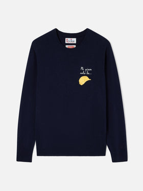 Maglia girocollo Heron Light blu navy in misto lana e cashmere con ricamo Amica Chips | Special edition