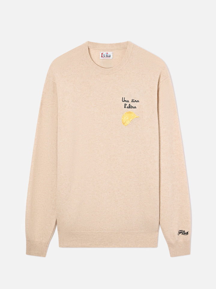 Beige Heron Light wool and cashmere blend crewneck with Amica Chips embroidery | Special edition