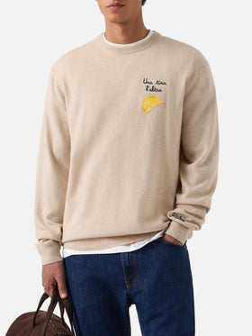 Pull Beige Heron à col rond en mélange de laine légère et de cachemire avec broderie Amica Chips | Special edition 