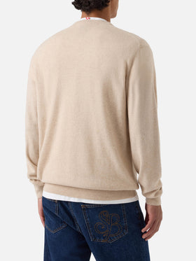 Pull Beige Heron à col rond en mélange de laine légère et de cachemire avec broderie Amica Chips | Special edition 