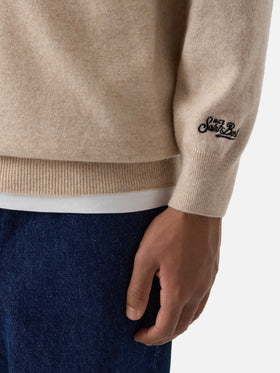 Pull Beige Heron à col rond en mélange de laine légère et de cachemire avec broderie Amica Chips | Special edition 