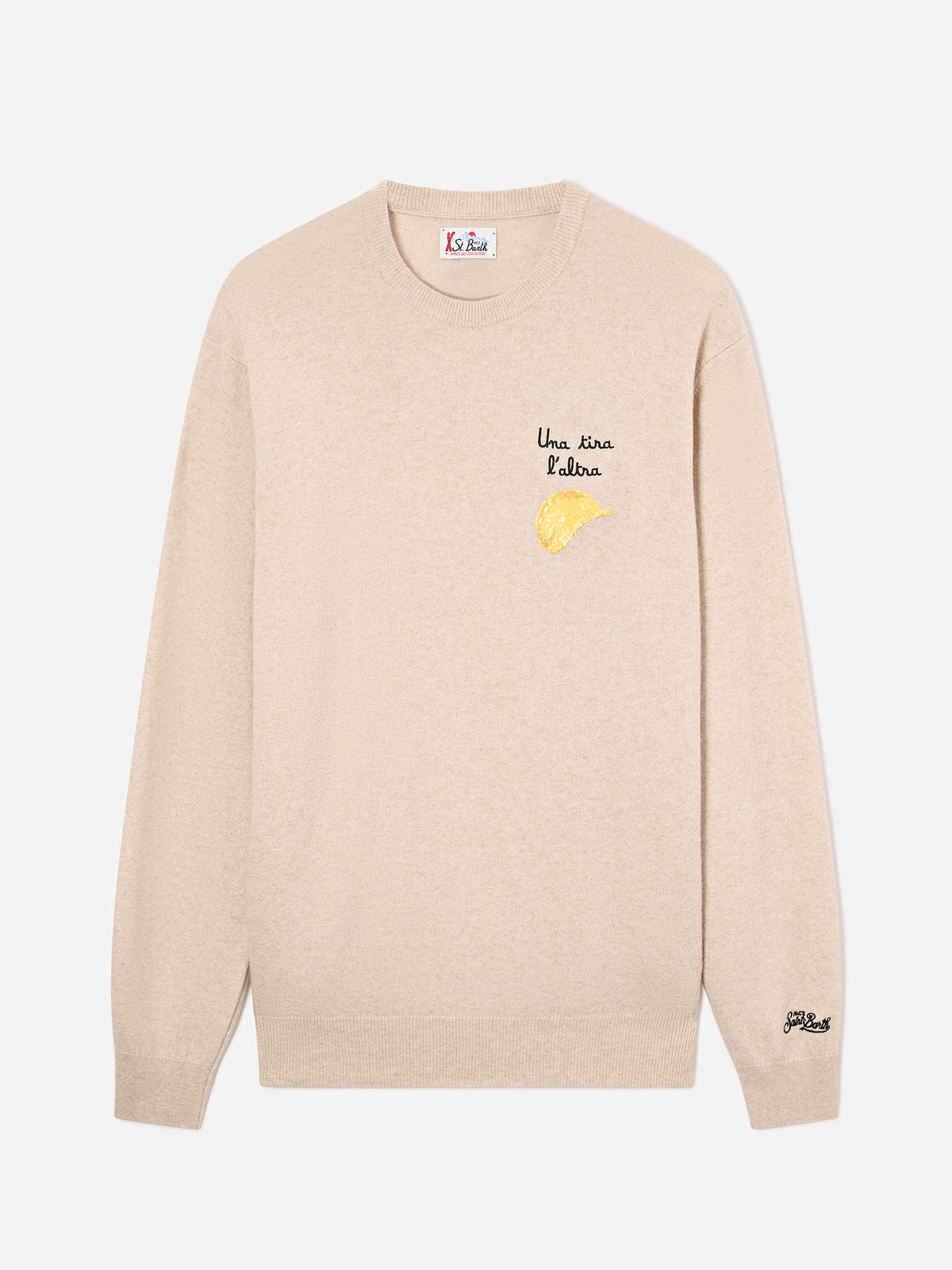 Pull Beige Heron à col rond en mélange de laine légère et de cachemire avec broderie Amica Chips | Special edition 