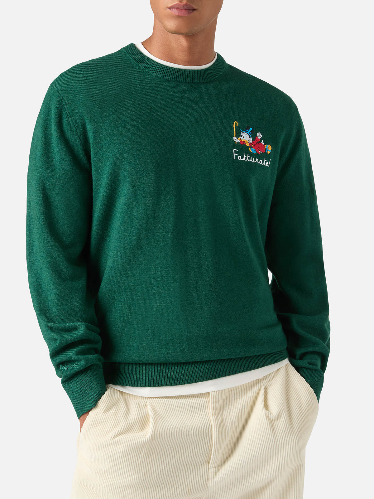 Maglia girocollo Heron Light verde in misto lana e cashmere con ricamo Zio Paperone | Special edition