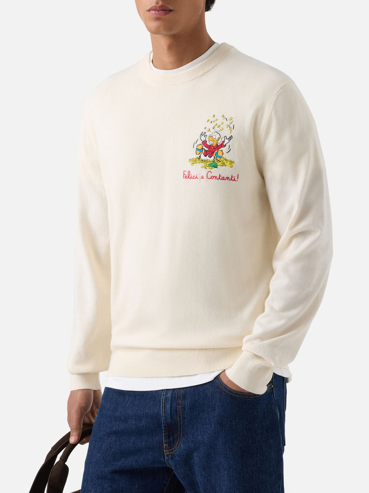 Jersey de cuello redondo Heron Light en mezcla de lana y cachemira color blanco roto con bordado de Scrooge McDuck | Special edition 