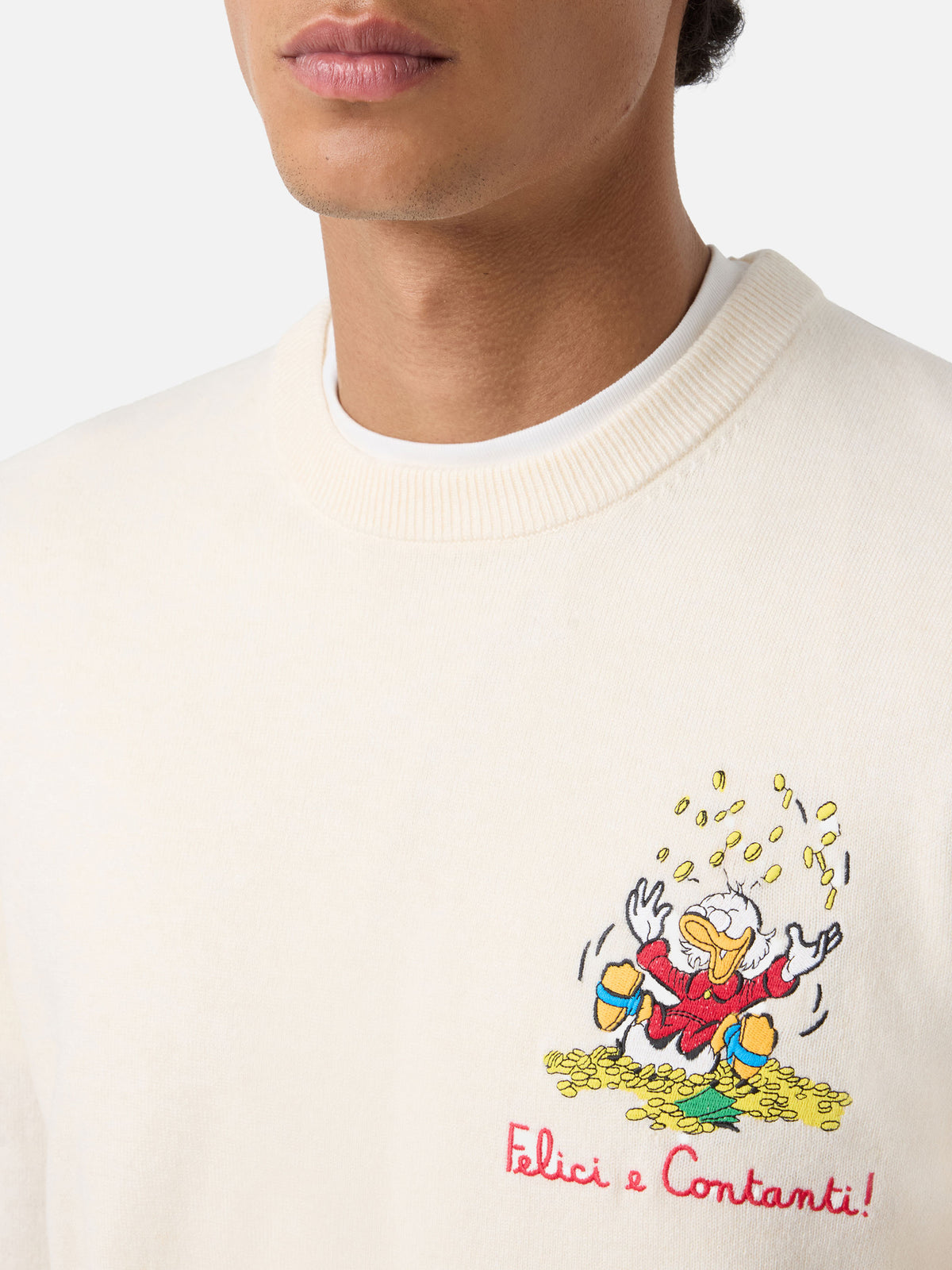 Jersey de cuello redondo Heron Light en mezcla de lana y cachemira color blanco roto con bordado de Scrooge McDuck | Special edition 