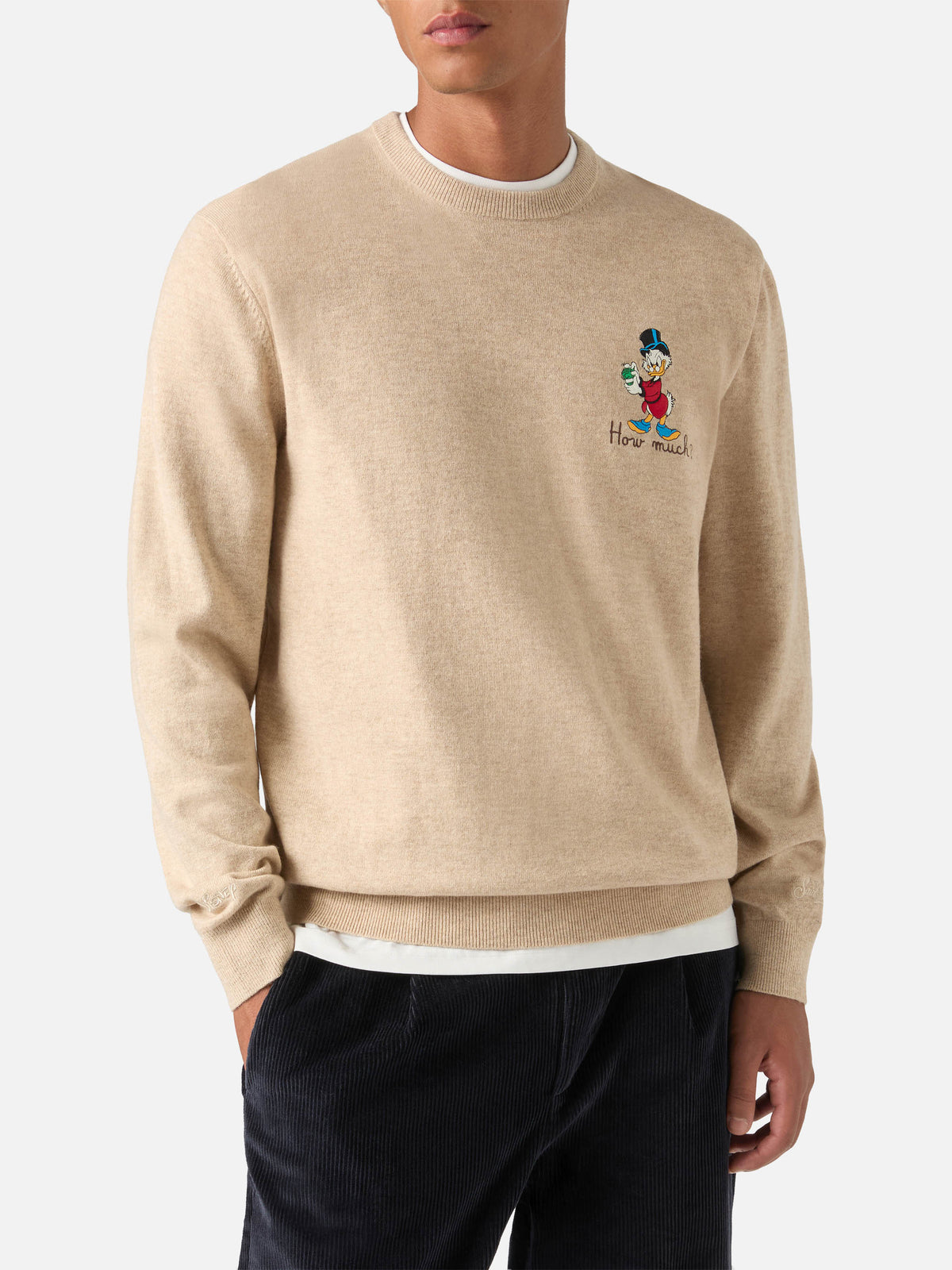 Jersey de cuello redondo Beige Heron en mezcla de lana ligera y cachemira con bordado de Scrooge McDuck | Special edition 