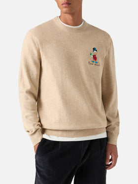 Jersey de cuello redondo Beige Heron en mezcla de lana ligera y cachemira con bordado de Scrooge McDuck | Special edition 