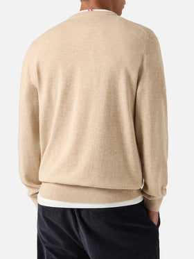 Jersey de cuello redondo Beige Heron en mezcla de lana ligera y cachemira con bordado de Scrooge McDuck | Special edition 