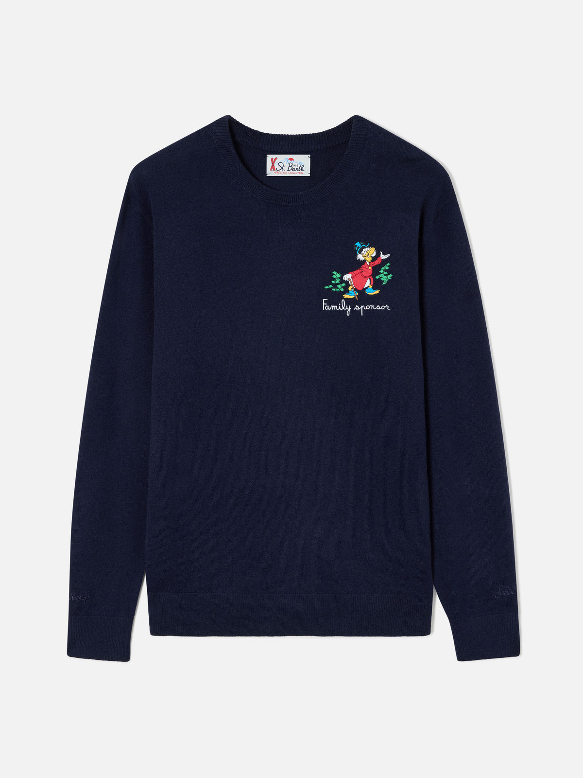 Navy blue Heron Rundhalspullover aus leichter Wolle und Kaschmirmischung mit Scrooge-McDuck-Stickerei | Special edition 