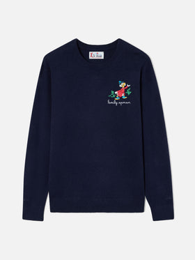 Navy blue Heron Rundhalspullover aus leichter Wolle und Kaschmirmischung mit Scrooge-McDuck-Stickerei | Special edition 