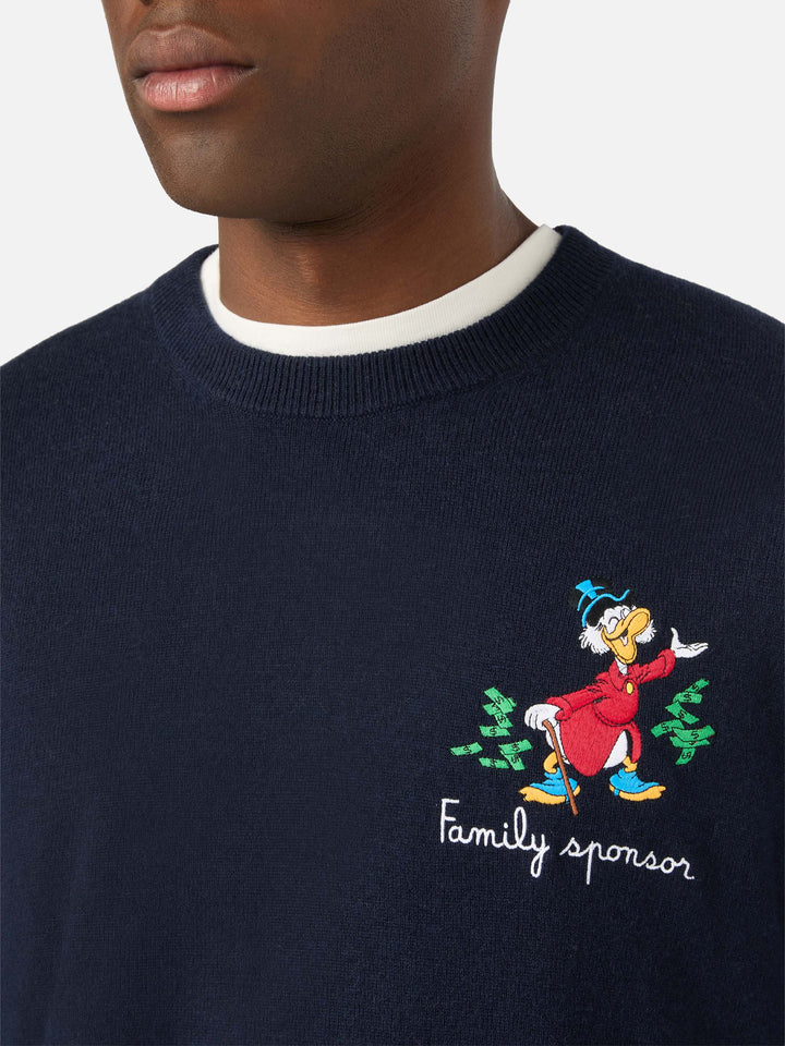 Azul marino blue Heron jersey de cuello redondo en mezcla ligera de lana y cachemira con bordado de Scrooge McDuck | Special edition 