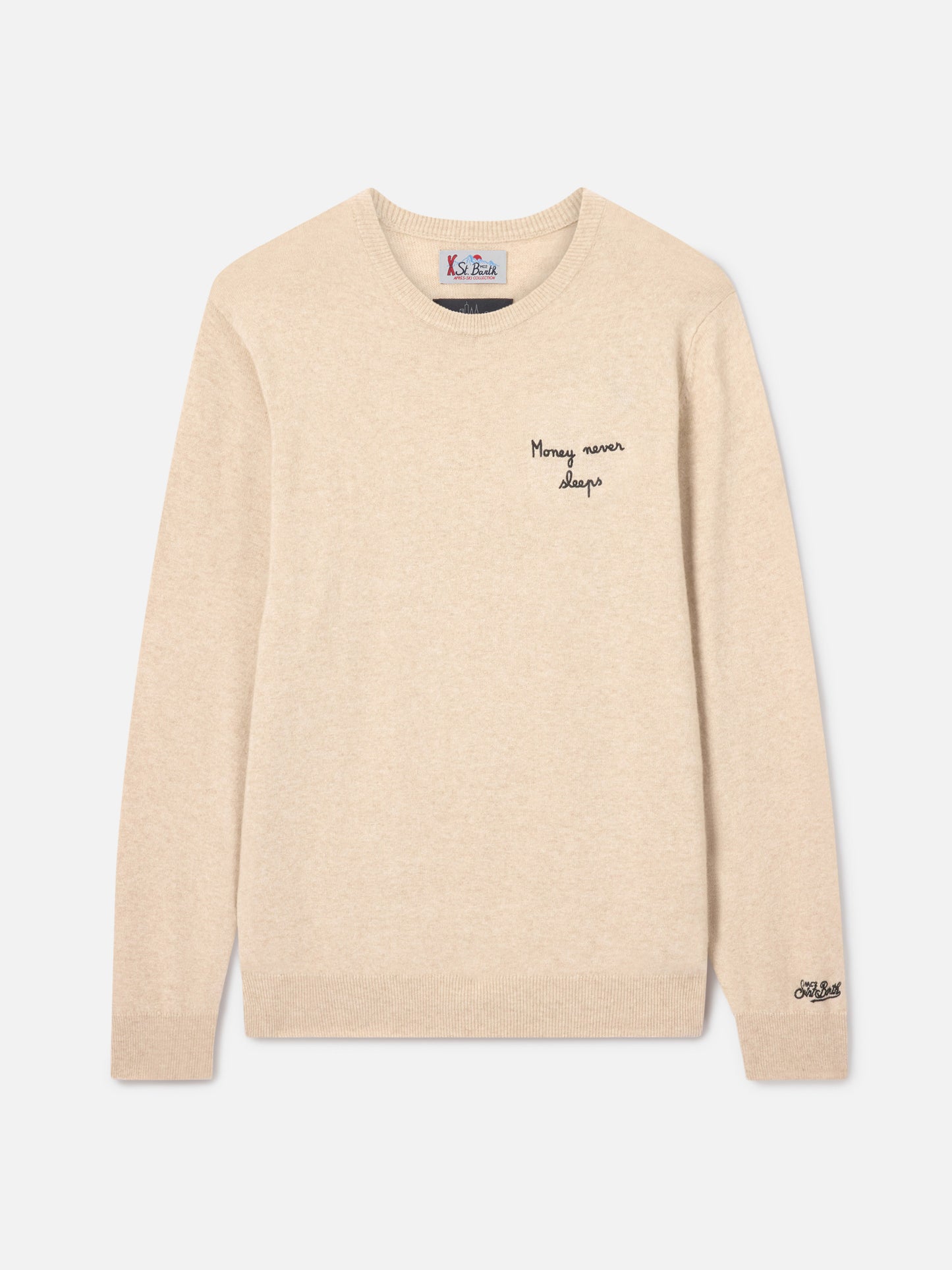 Jersey de punto con cuello redondo Heron Light en beige con bordado Wall Street Money Sleep 