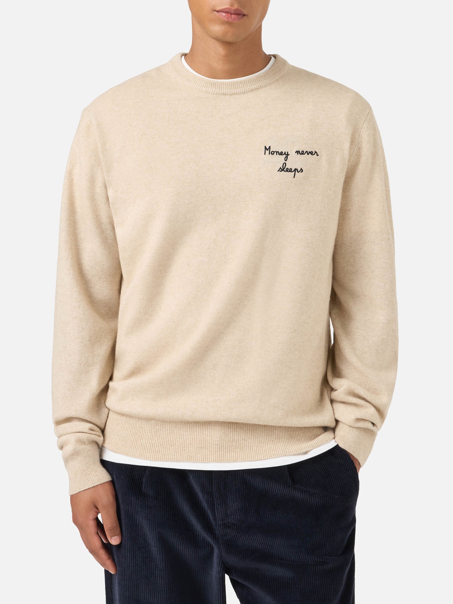 Maglione Heron Light girocollo beige con ricamo Wall Street Money Sleep