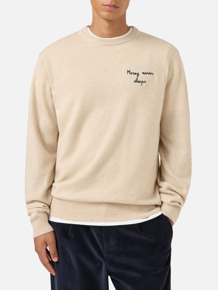 Heron Light Rundhals-Strick in Beige mit Wall Street Money Sleep-Stickerei 