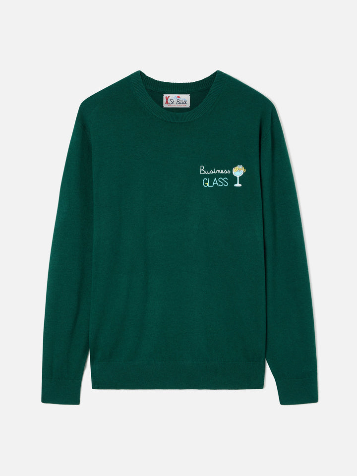 Green Heron Light wool and cashmere blend crewneck with Business Glass embroidery