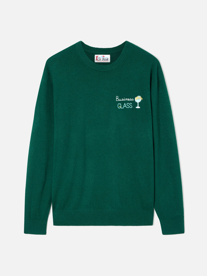 Green Heron Light wool and cashmere blend crewneck with Business Glass embroidery
