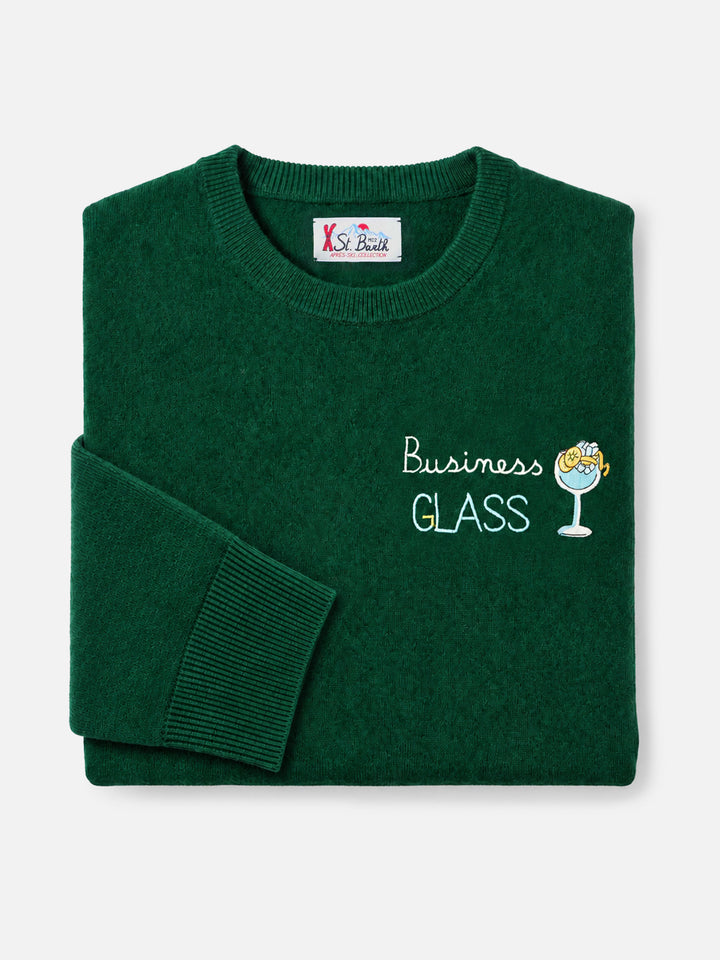 Girocollo in misto lana e cashmere Heron Light verde con ricamo Business Glass
