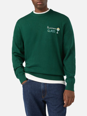 Maglia girocollo Heron Light verde in misto lana e cashmere con ricamo Business Glass