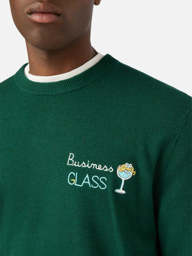 Maglia girocollo Heron Light verde in misto lana e cashmere con ricamo Business Glass