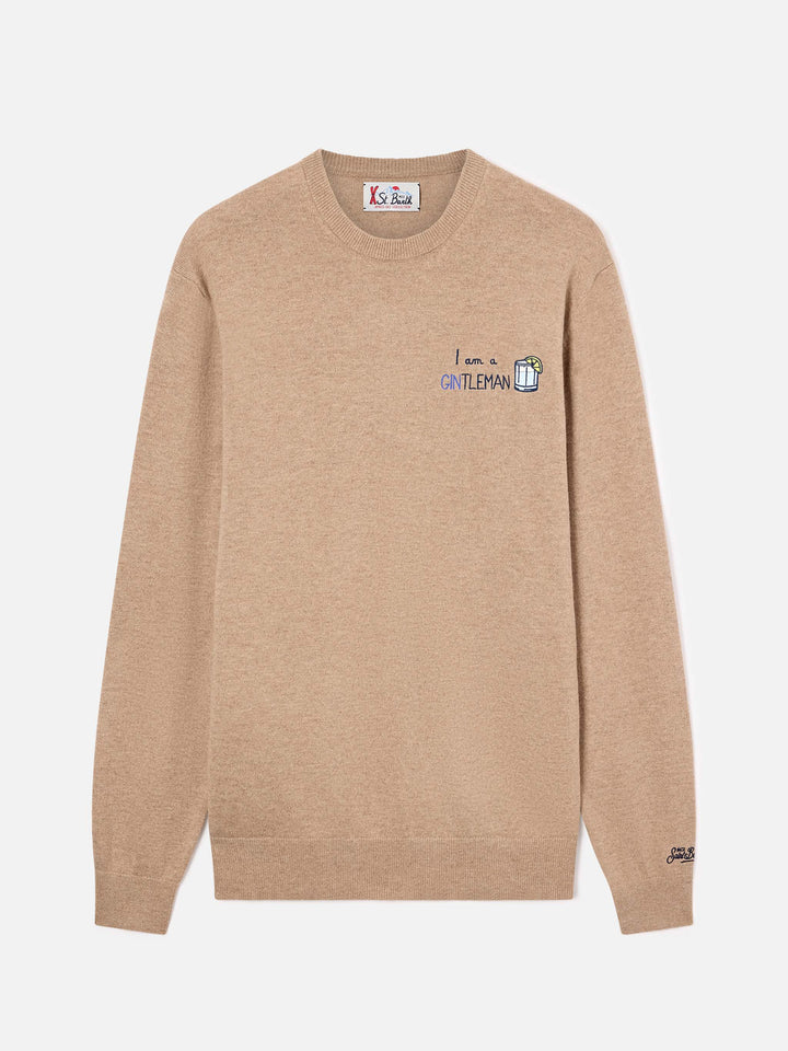 Beige Heron Light wool and cashmere blend crewneck with Gintleman embroidery