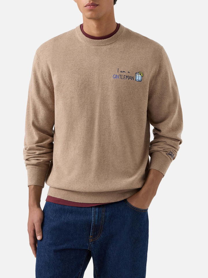 Pull col rond Beige Heron en mélange léger de laine et de cachemire avec broderie Gintleman 