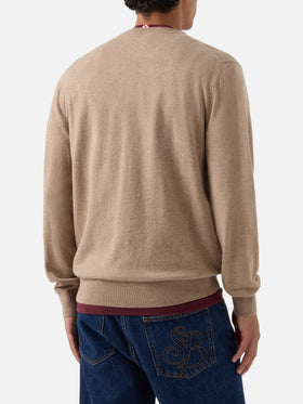 Pull col rond Beige Heron en mélange léger de laine et de cachemire avec broderie Gintleman 