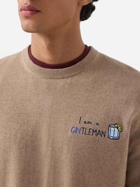 Pull col rond Beige Heron en mélange léger de laine et de cachemire avec broderie Gintleman 