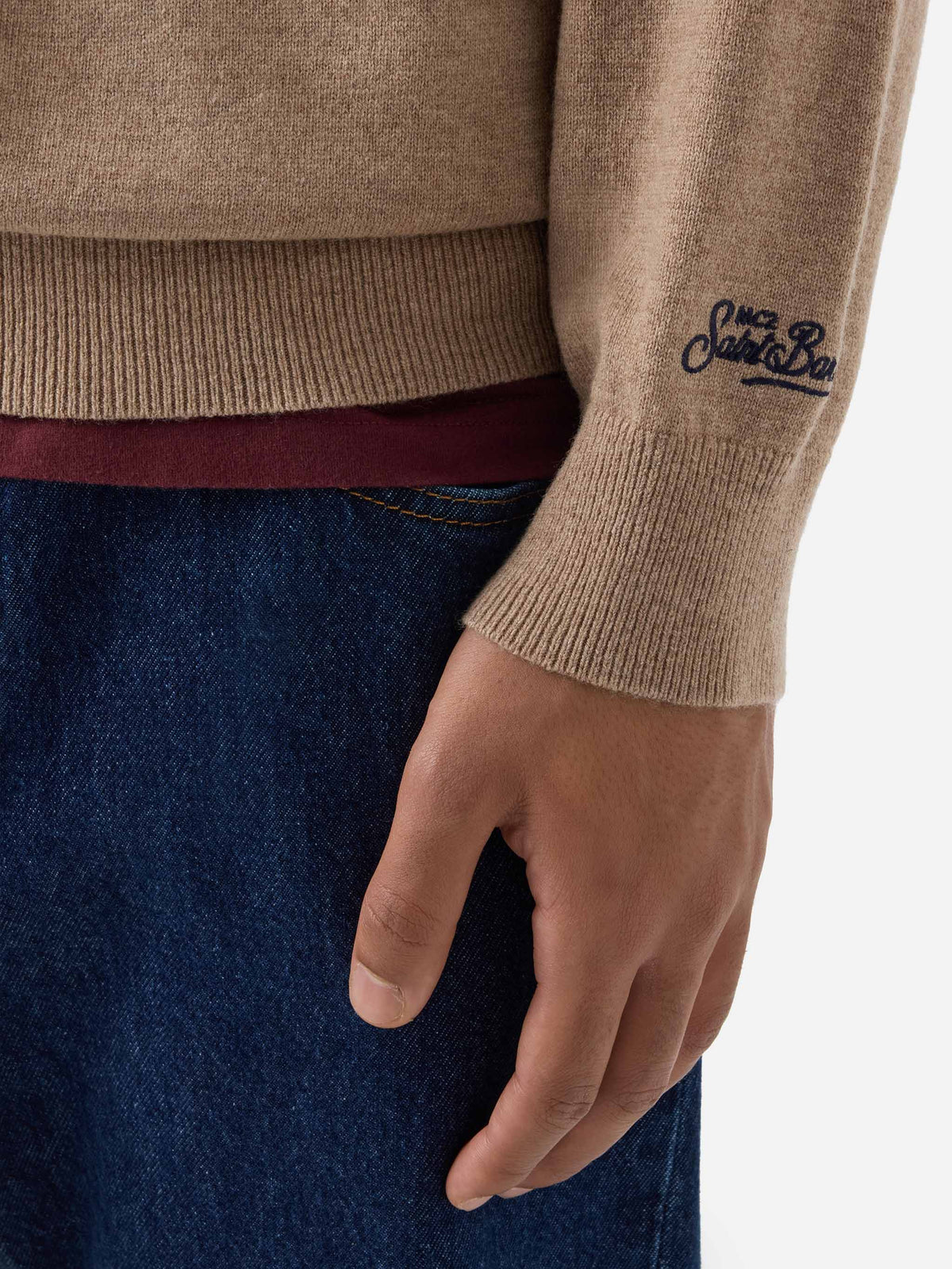 Pull col rond Beige Heron en mélange léger de laine et de cachemire avec broderie Gintleman 